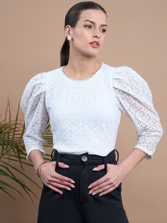Noi Womens White Lace Top With Full Sleeves