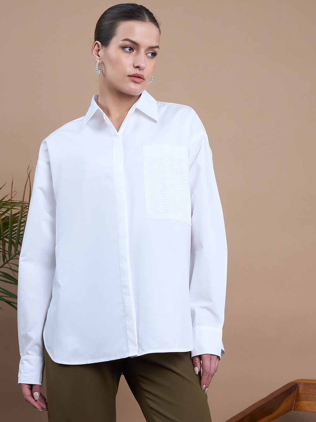 Noi Womens Oversized White Shirt With Full Sleeves