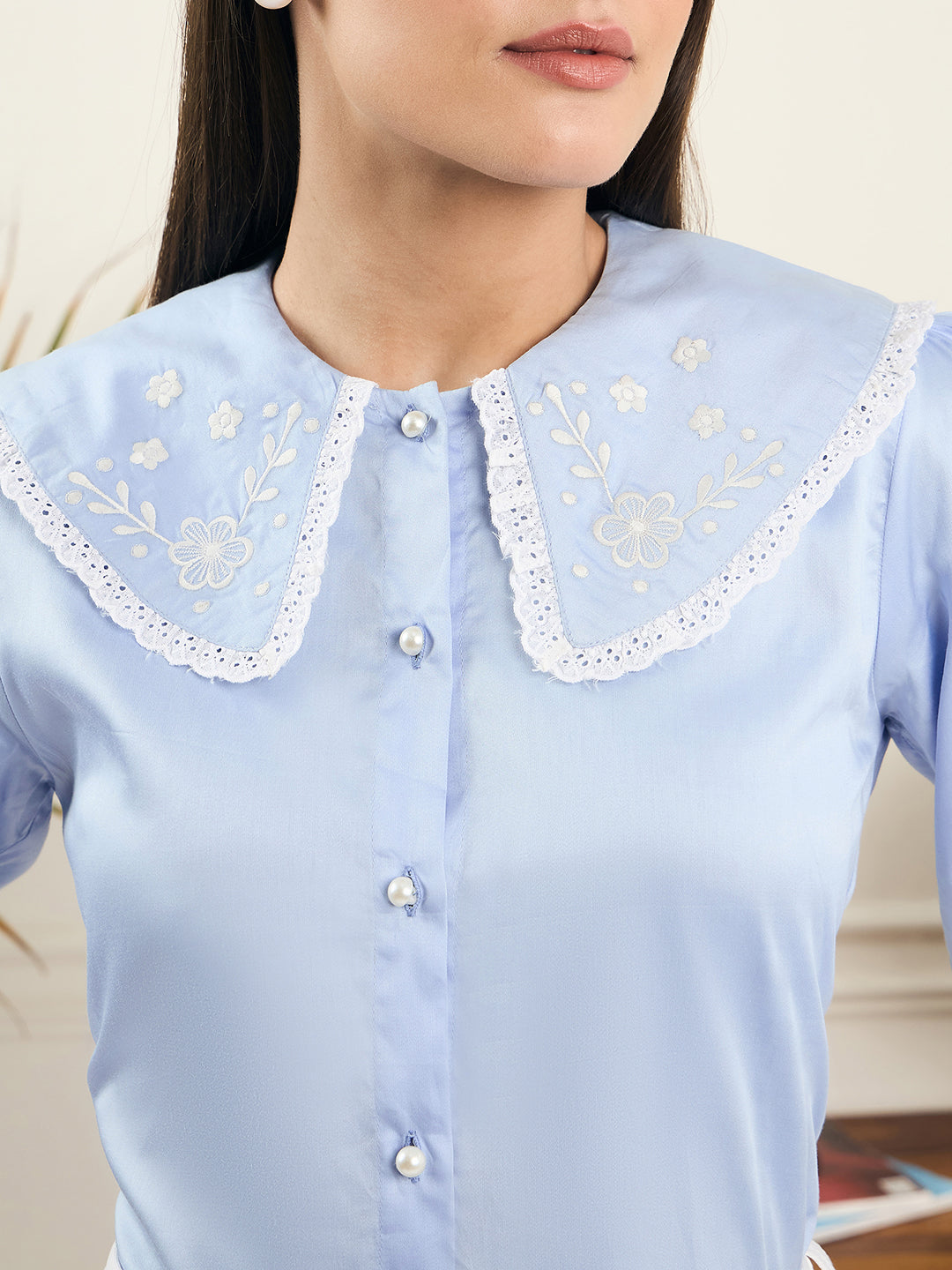 Noi Womens Embroidered Shirt With Puff Sleeve