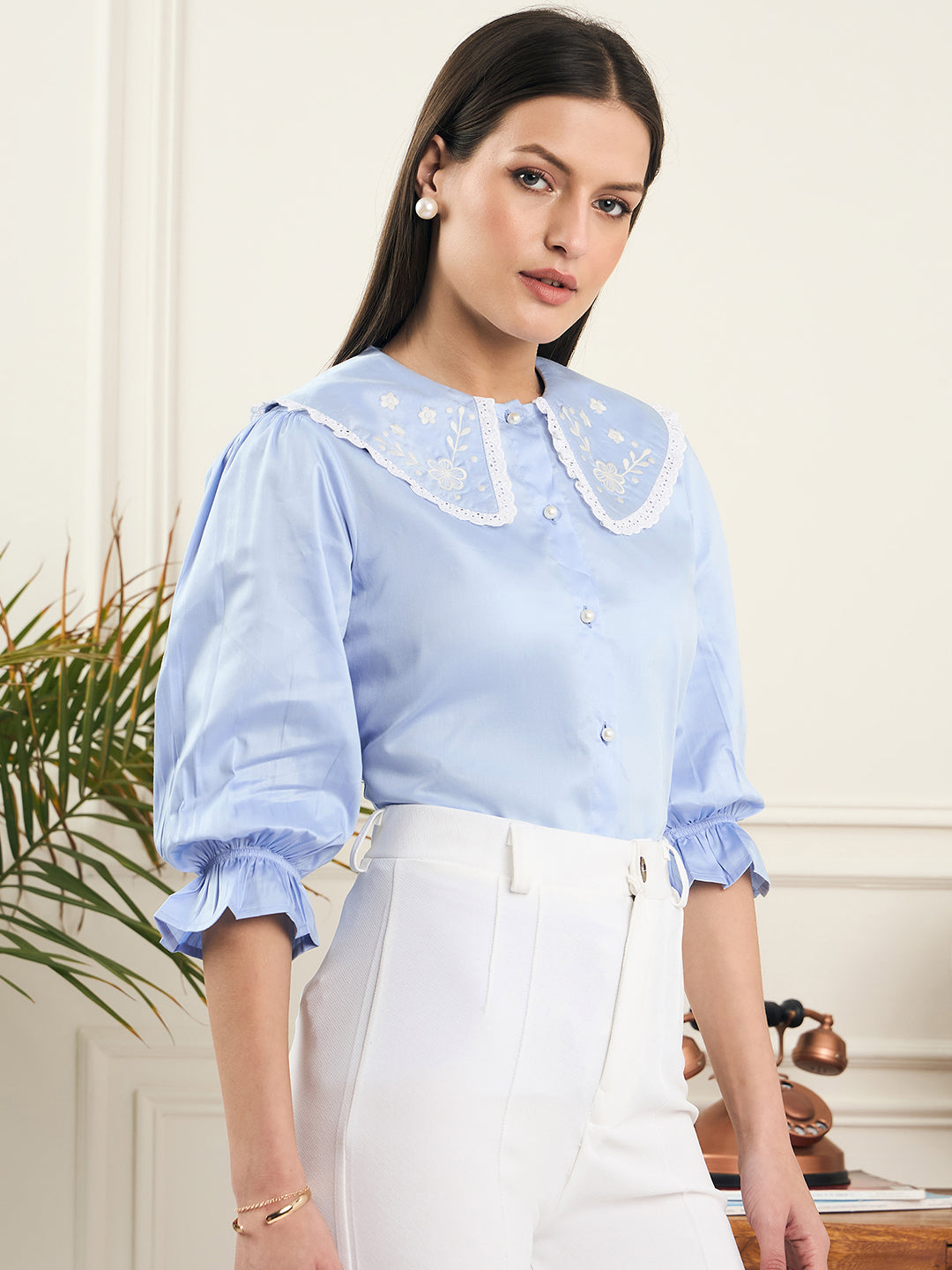 Noi Womens Embroidered Shirt With Puff Sleeve