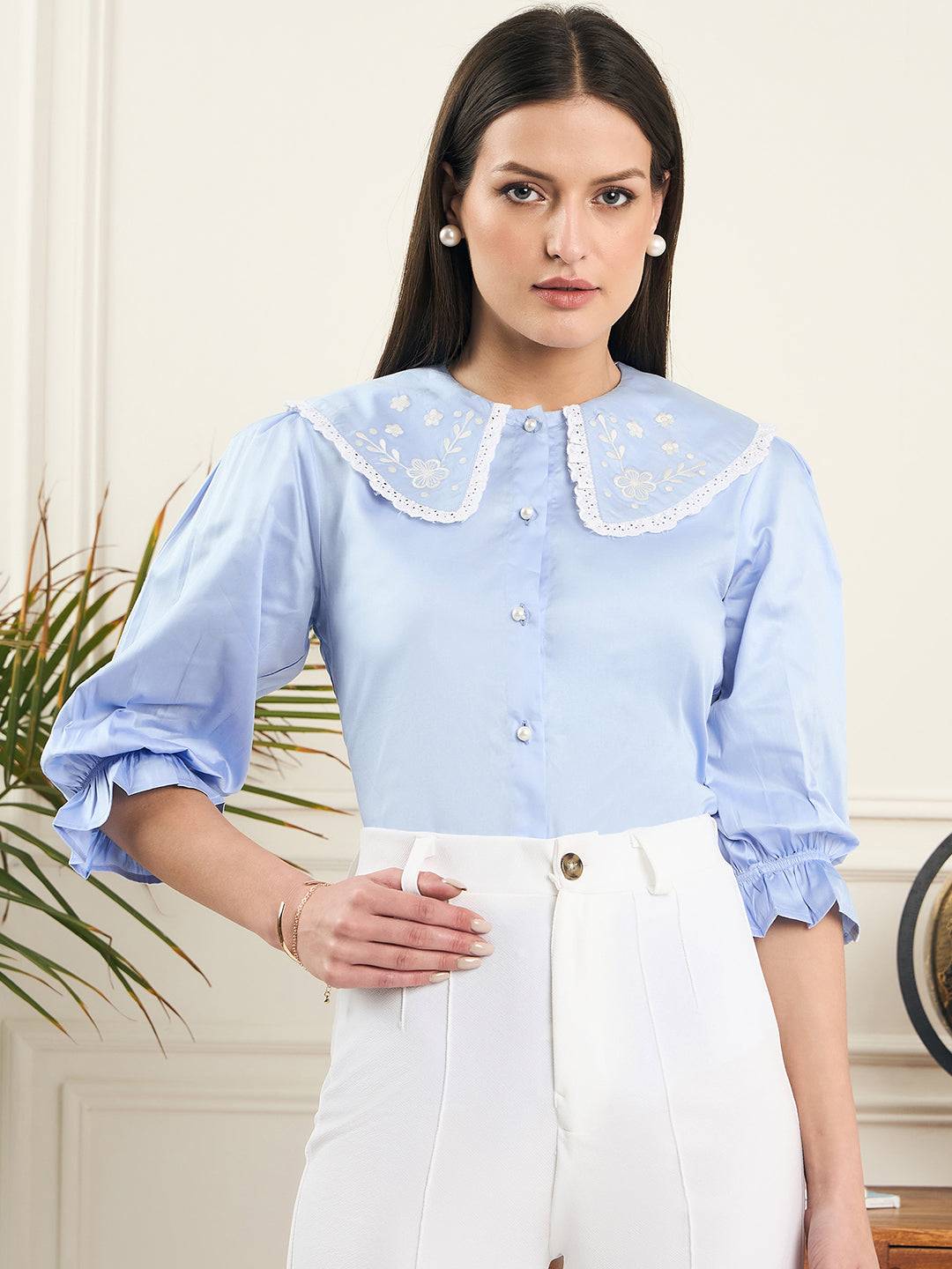 Noi Womens Embroidered Shirt With Puff Sleeve