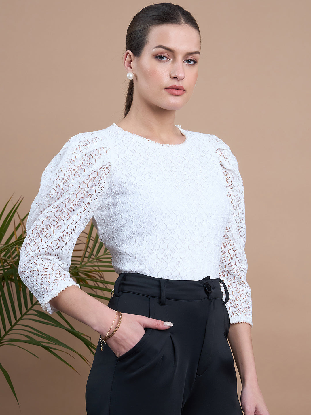 Noi Womens White Lace Top With Full Sleeves