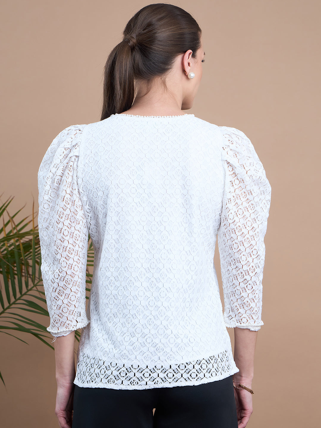 Noi Womens White Lace Top With Full Sleeves