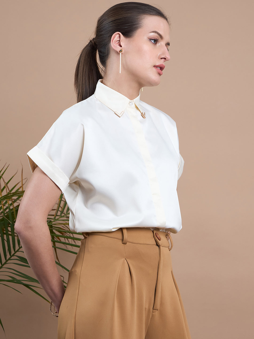 Noi Womens Solid Satin Formal Shirt With Short Sleeves