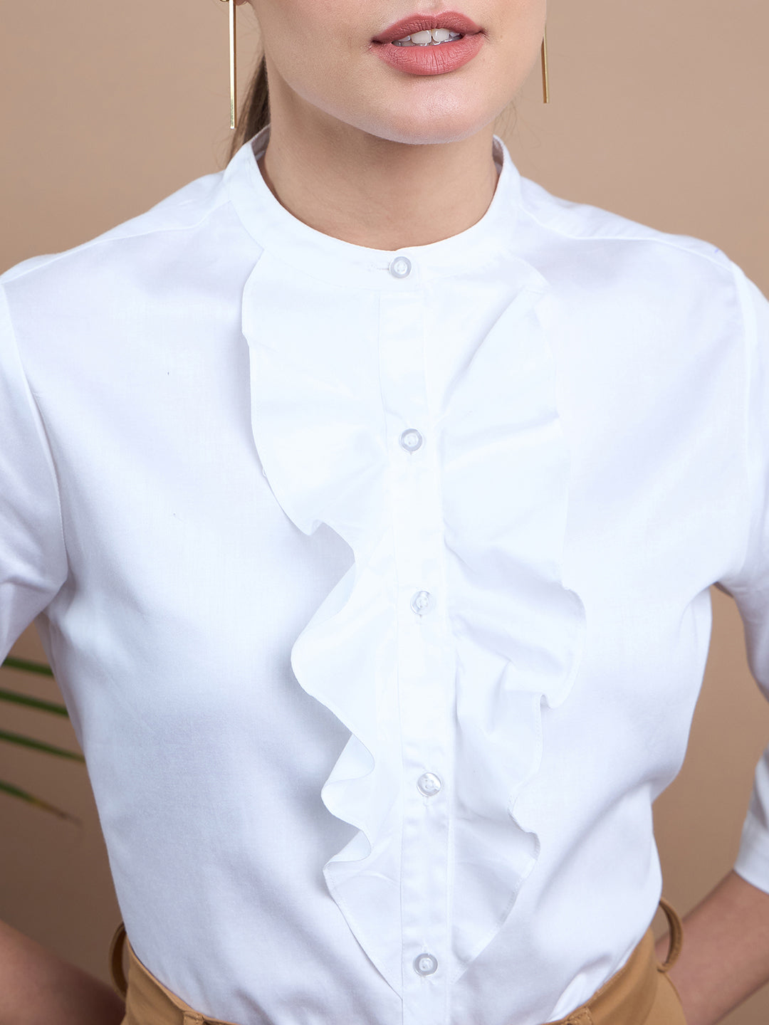 Noi Womens Solid Satin  Formal Shirt With Ruffles.