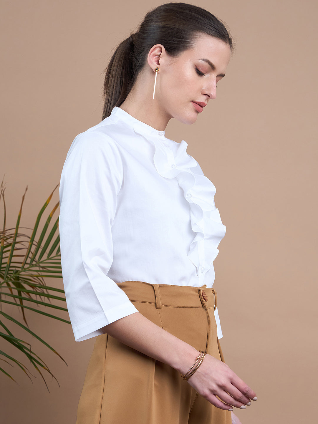 Noi Womens Solid Satin  Formal Shirt With Ruffles.