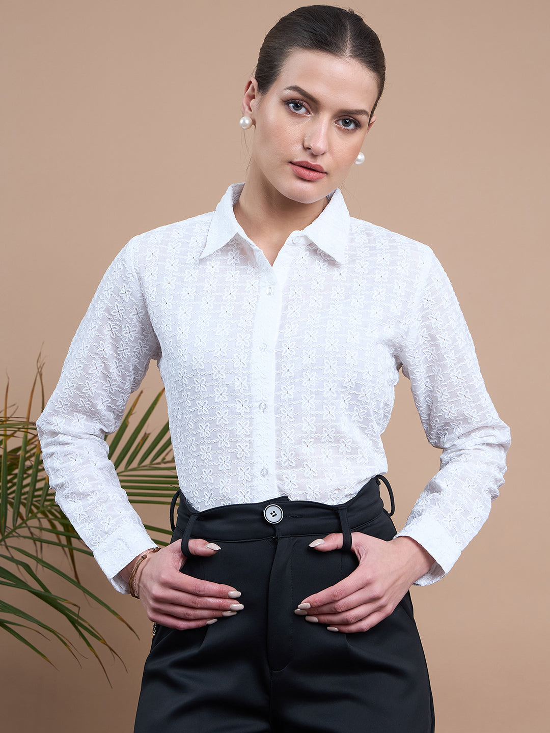 Noi Womens White Schiffli Formal Shirt With Full Sleeves