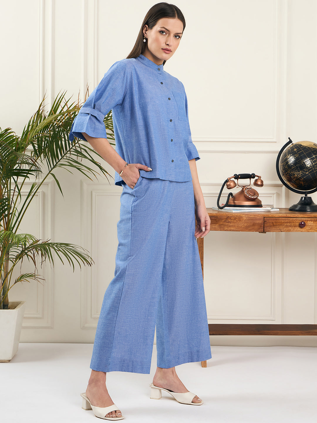 Noi Womens Solid Shirt And Trouser Co-Ord Set