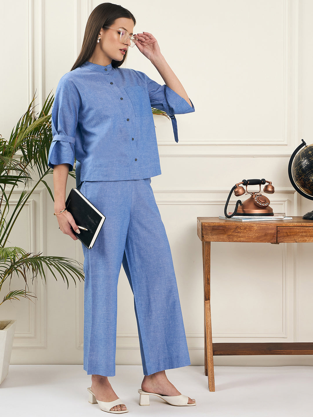 Noi Womens Solid Shirt And Trouser Co-Ord Set