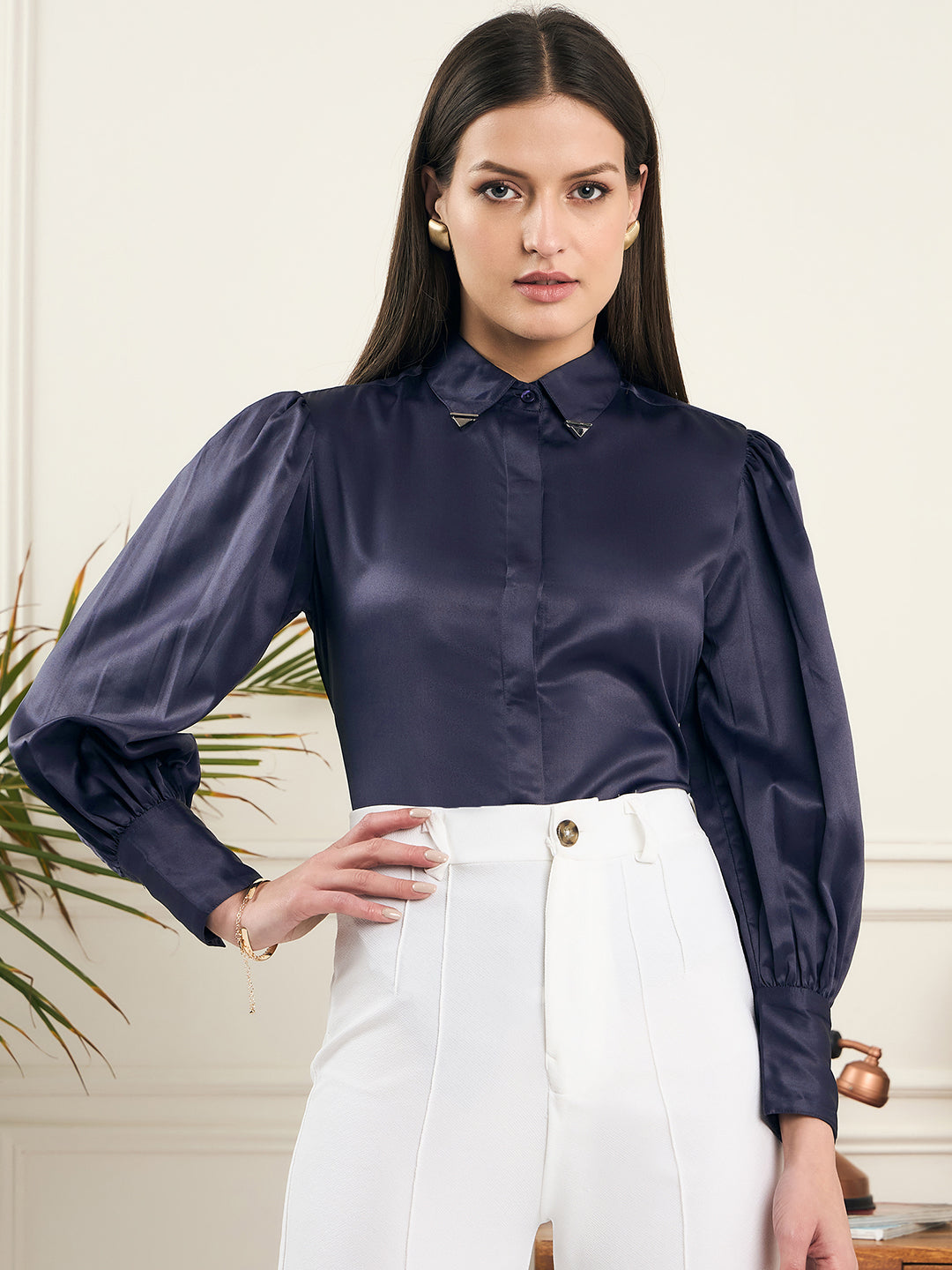 Noi Womens Solid Satin Formal Shirt With Full Sleeves